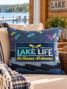 Lake Life Pillow Cover 18 x 18 Handmade Lakehouse Cabin Decor Waves Dragonflies